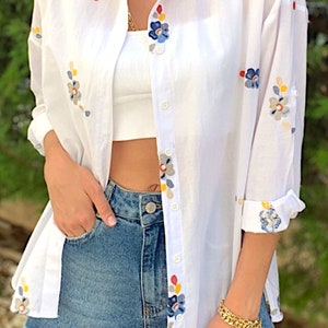 Women's White Embroidered Cotton Shirt image 1