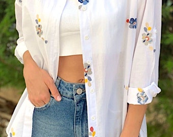 Women's White Embroidered Cotton Shirt