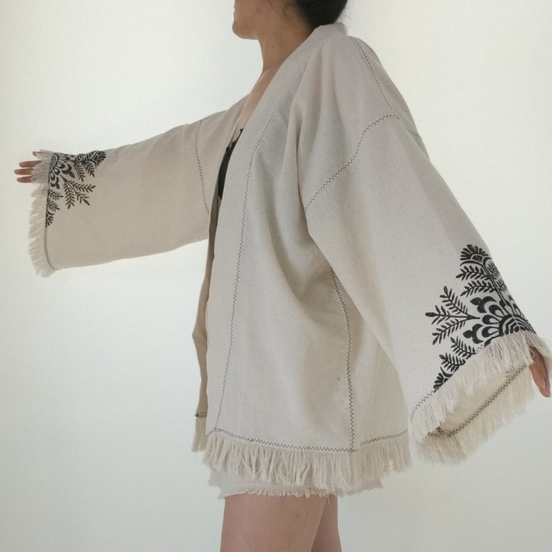 Women's Wood Print Technical Long Kimono,%100 Natural,Girl Gift,Unisex Kimono,Beachwear,Vegan,Boho image 3