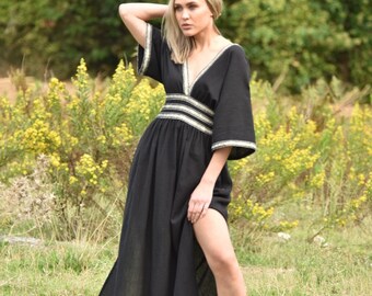 Black Slit Summer Dress, Long Boho Dress,Vintage Dress, Bridesmaid dress, Greek Goddess Dress, Helen Dress, Women's Clothing, Organic Cotton