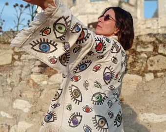 kimono robe, persian evil eye, ethnic kaftan, cardigan, beachwear, swimwear, women's robe, boho hippie, cover up,