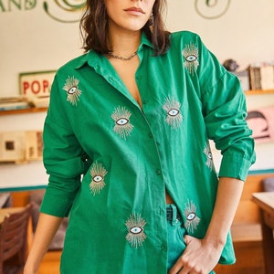 Evil eye Shirt, Shirts for women, Casual Shirt, Sequin blouse, evil eye sequin, blouse for women, Cotton shirt, women tops Green