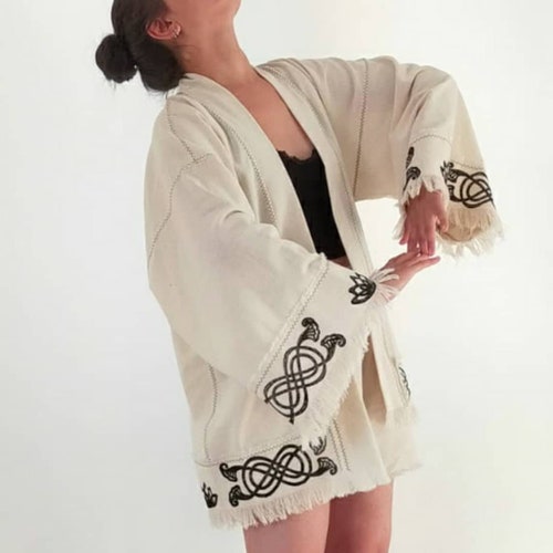 Handmade natural shops kimono,cover up,eyes print,wood print technic,linen kimono,yoga clothing