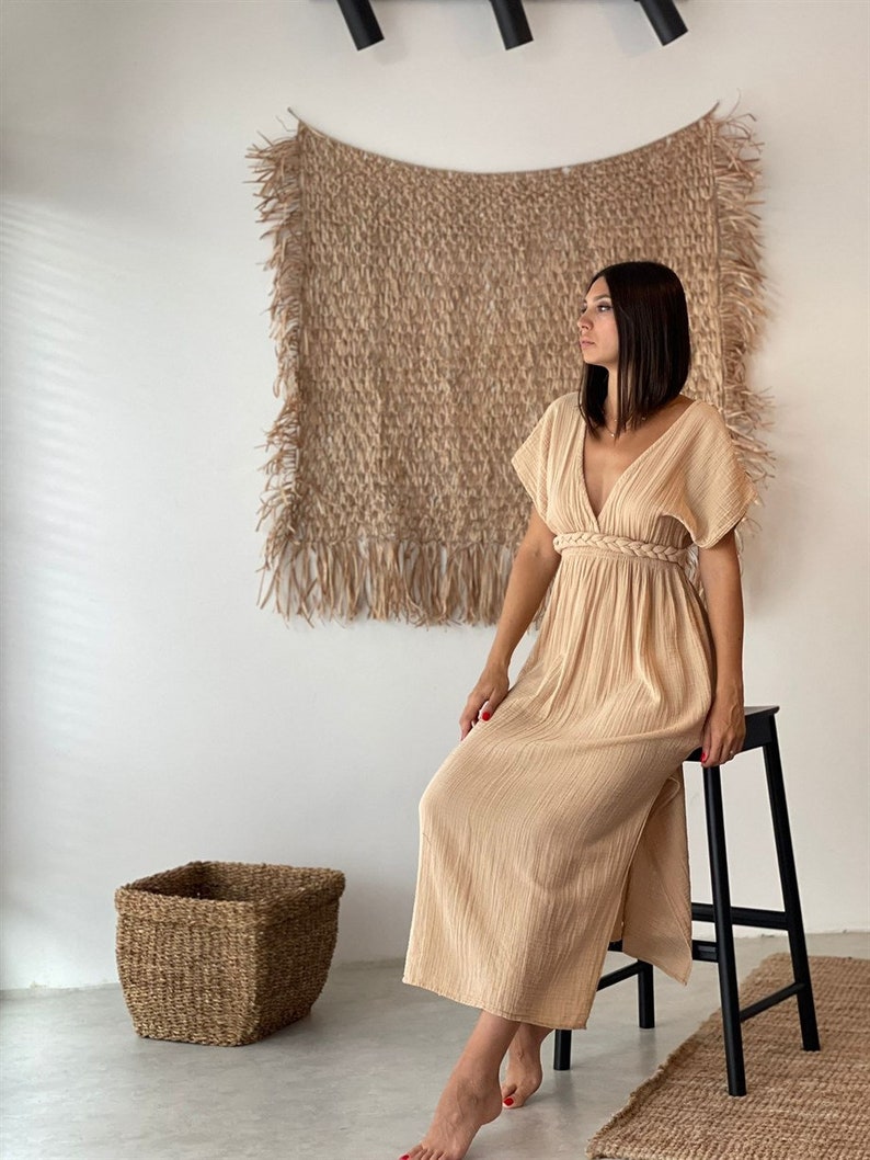 Long Summer Dress, Bridesmaid dress, Slit Summer Dress, Greek Goddess Dress, Helen Dress, Wedding Dress, Women's Clothing, Organic Cotton Dark Beige