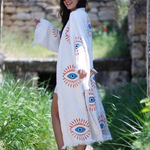 Evil eye Kimono Robe, Kimono for women, Beachwear, Kimono Dress, Linen kimono, Yoga Kimono, Boho Kimono,  ecofriendly clothing, Gift for her