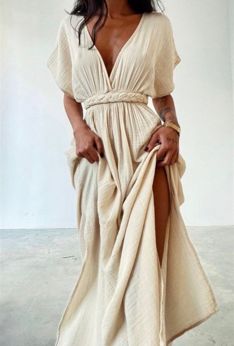 Robe dété longue, robe de demoiselle dhonneur, robe dété fendue, robe de déesse grecque, robe dhélène, robe de mariée, vêtements pour femmes, coton biologique Beige