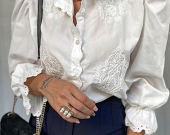 Chemise blanche en coton ; Chemisier blanc à oeillets en dentelle au crochet, chemise en coton pour femme, chemisier bohème en coton brodé blanc