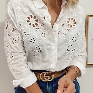 Cotton White Shirt; Crochet Lace Eyelet white blouse, Women Cotton shirt,White Embroidered cotton Bohemian Blouse