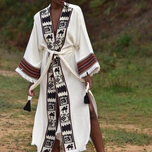 Camel Hooded Stripe Knit Kimono
