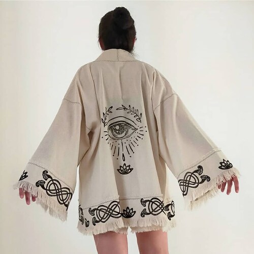 Handmade natural shops kimono,cover up,eyes print,wood print technic,linen kimono,yoga clothing