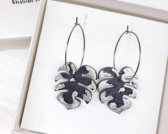 Monstera Plant Earrings, Monstera Leaf Jewelry, Pendant Hoop Earrings, Gift For Mom Birthday, Wooden Monstera Earrings, Houseplant Earrings