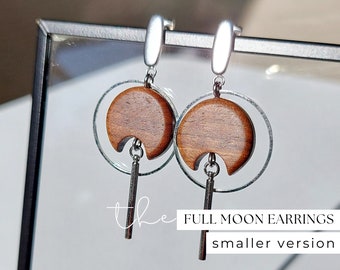 Moon Dangle Earrings, Small Moon Earrings, Wood Earrings Handmade, Full Moon Earrings, Celestial Earrings Dangle, Moon Earrings Hoop