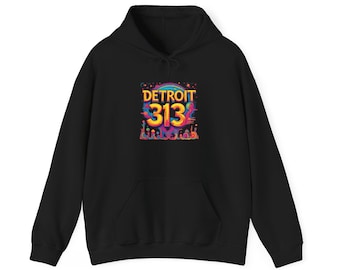 Peut inclure: Sweat à capuche noir avec l'inscription "DETROIT 313" dans un graphisme coloré. Le motif comprend un arc-en-ciel et diverses formes. Le sweat-shirt a une poche avant et une capuche à cordon. Le vêtement est en matière douce.