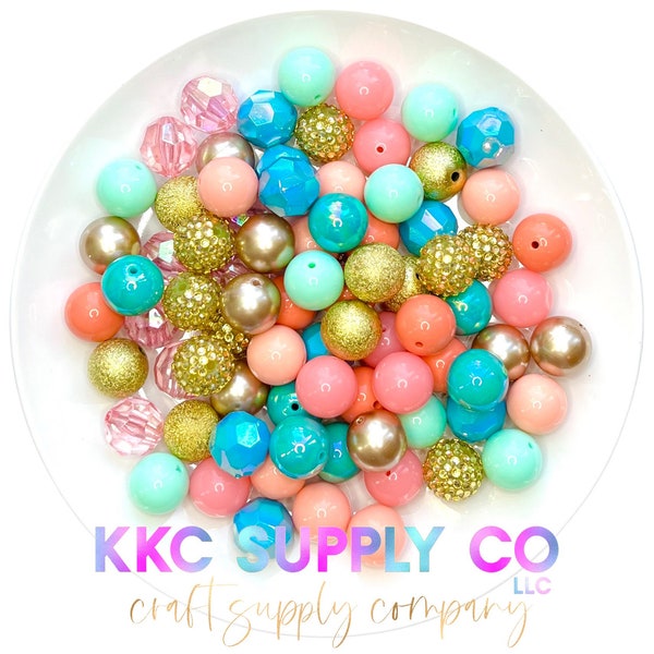 Spring Vibes 20mm Bubblegum Bead Mix, Gold/Turquoise/Coral 20mm Bubblegum Bead Mix, Spring Bubblegum Bead Mix