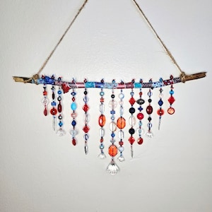 Red and Blue Driftwood Suncatcher | Driftwood Suncatcher | Hand Painted Driftwood | Beaded Suncatcher | Boho Decor | Gifts for Her | Gifts