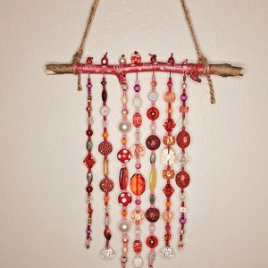 Driftwood Suncatcher | Driftwood Wall Hang | Boho Decor | Hippie Window Decor | Hand-Painted Driftwood | Mushroom Suncatcher | Red/ Pink