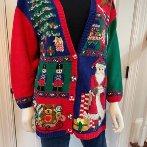 Vintage Talbots Hand Knit  Christmas Cardigan - Santa, Nutcrackers, tree, ornaments - Medium - 80/90s Holiday Party