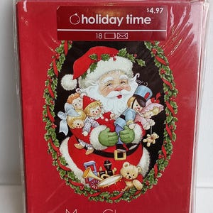 Tarjetas navideñas vintage de Papá Noel de Ruth Morehead: juego de 18: Papá Noel retro con juguetes y corona de acebo