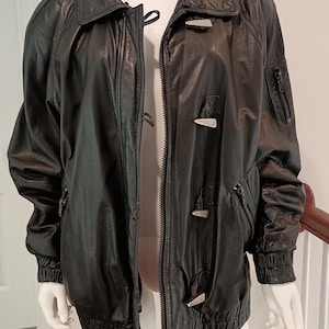 Vintage Black Bomber Jacket Size Large Leather Late 1980's - 1990's Greg Bell