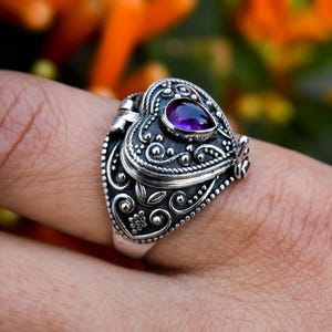 Poison Ring Heart Locket with Secret Compartment, Gothic Victorian Adjustable Jewelry, 925 Sterling Silver Ring for Her