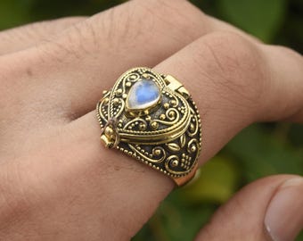 Brass Poison Ring – 18K Gold Plated Hidden Locket, Pear Stone