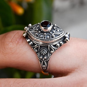 Poison Ring Locket With Marquise Shape and 5mm Gemstone Secret Compartment- Antique-Style Jewelry - Silver-Plated