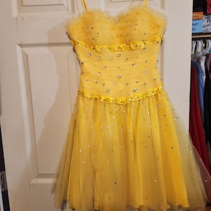 May include: A yellow tulle dress with a sweetheart neckline and a fitted bodice. The dress is decorated with rhinestones and a yellow ribbon.