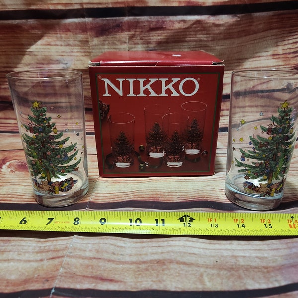 NOS Vintage set of 4 Nikko Christmas Happy Holiday Glassware Highball 12oz