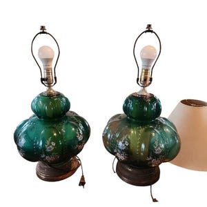 M** Vintage Hollywood Regency MCM Green Melon set of 2 Lamps Carl Falkenstein style Floral Designs
