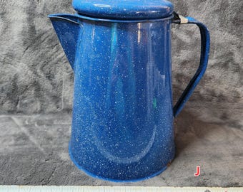J* Vintage Blue speckled Enamelware coffee pot teapot