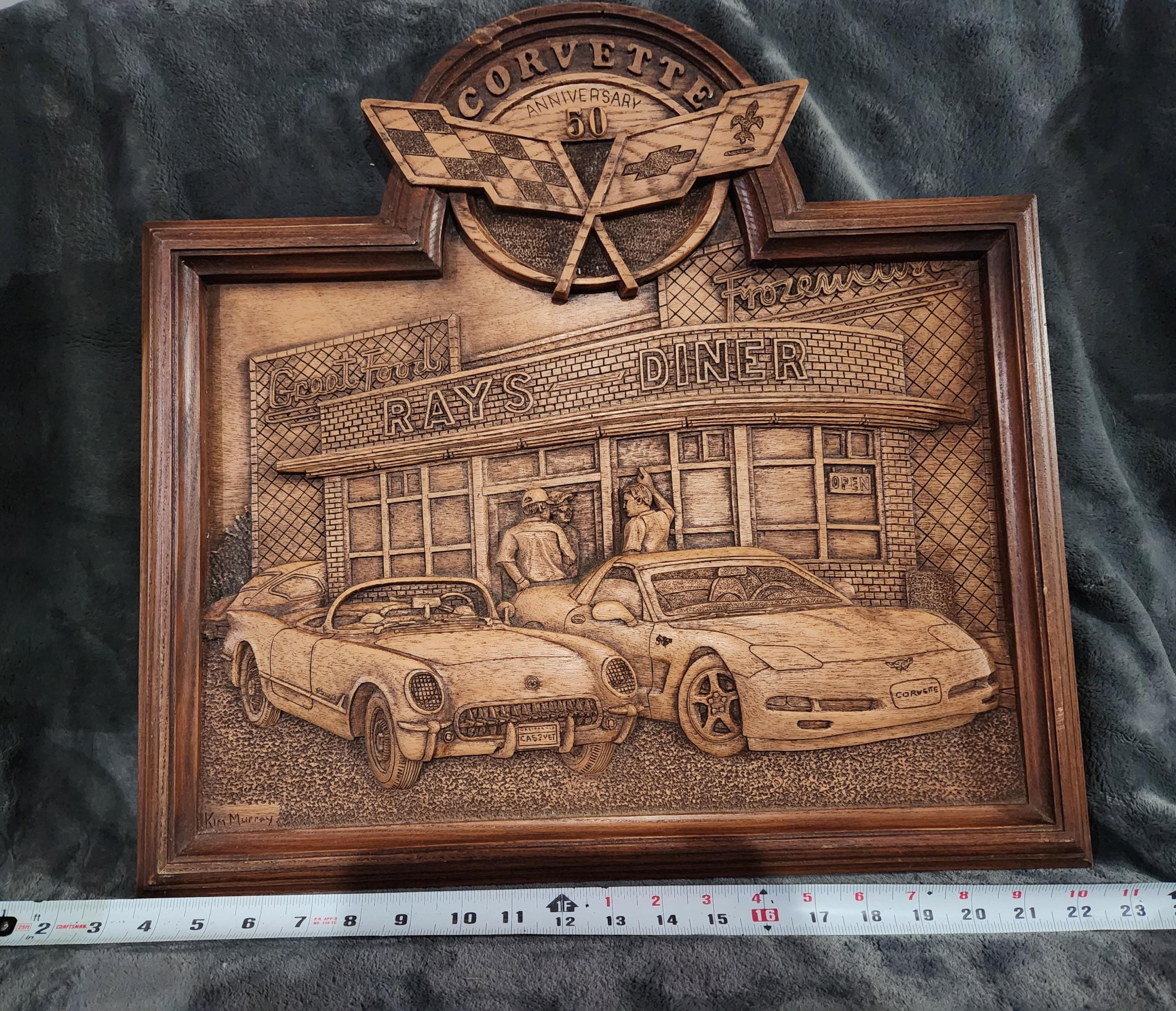 Kim Murray Corvette 50th Year Anniversary Carved Wood Plaque Rays