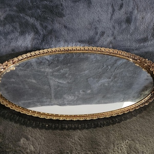 Vintage Matson Roses Oval Dresser Mirrored Vanity Tray Regency Gold Filigree