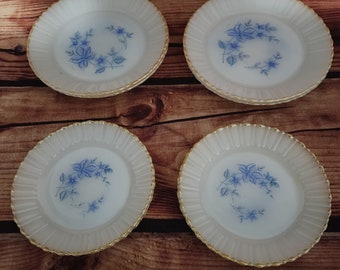 Vintage set of 4 Vintage TERMOCRISA MEXICO  Blue Dot milk glass Floral Gold Rimmed Plates