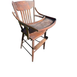 Antique Oak Childrens High Chair Original Finish Hardware