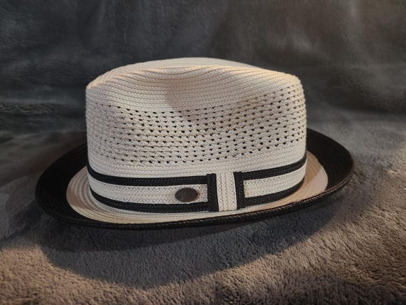Bailey Of Hollywood Cream and Black Hat Vintage BAILEY OF HOLLYWOOD Cream Straw Fedora with Black  main image 4