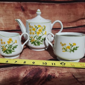 Vintage weiß gelbe Blume Daisy Design Teekanne, Sahne und Zucker-Set