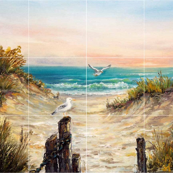 Gulls on the Beach Tile Mural - Kitchen Splashback & Bathroom Wall Tile Murals - Custom Made Printed tiles.