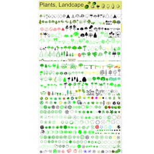 May include: A large collection of green, black, and white plant and tree silhouettes. The silhouettes are arranged in rows and columns on a white background. The title "Plants, Landscape" is at the top of the image.