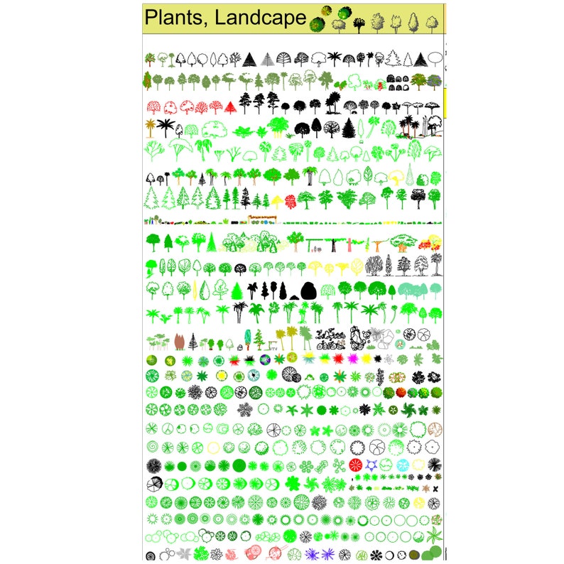 May include: A large collection of green, black, and white plant and tree silhouettes. The silhouettes are arranged in rows and columns on a white background. The title "Plants, Landscape" is at the top of the image.