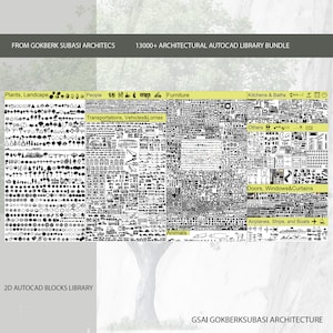 May include: A black and white image showing a large library of 2D AutoCAD blocks. The image is divided into categories such as plants, landscape, people, furniture, kitchens and baths, transportations, vehicles and lorries, others, doors, windows and curtains, airplanes, ships and boats, and animals. The image includes the text "FROM GOKBERK SUBASI ARCHITECS" and "13000+ ARCHITECTURAL AUTOCAD LIBRARY BUNDLE".