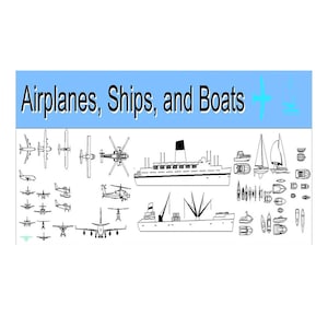 May include: A black and white line drawing illustration of airplanes, ships, and boats. The title of the illustration is "Airplanes, Ships, and Boats".