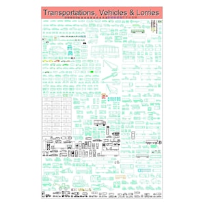 May include: A black and white line drawing illustration of various types of transportation vehicles, including cars, trucks, buses, trains, and construction equipment. The image is organized in rows and columns, with each vehicle depicted in a simple, stylized manner.
