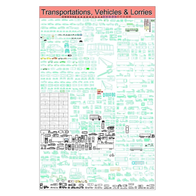 May include: A black and white line drawing illustration of various types of transportation vehicles, including cars, trucks, buses, trains, and construction equipment. The image is organized in rows and columns, with each vehicle depicted in a simple, stylized manner.