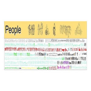 May include: A digital illustration of a variety of people in different poses and activities. The image includes people walking, standing, sitting, and riding a motorcycle. The image is in black and white with some color accents.