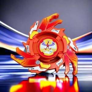 May include: An orange and yellow toy with a circular design and a central emblem featuring a bird. The toy has a series of blades and the word "CYBER" is printed on the side. The toy is set against a blurred background.