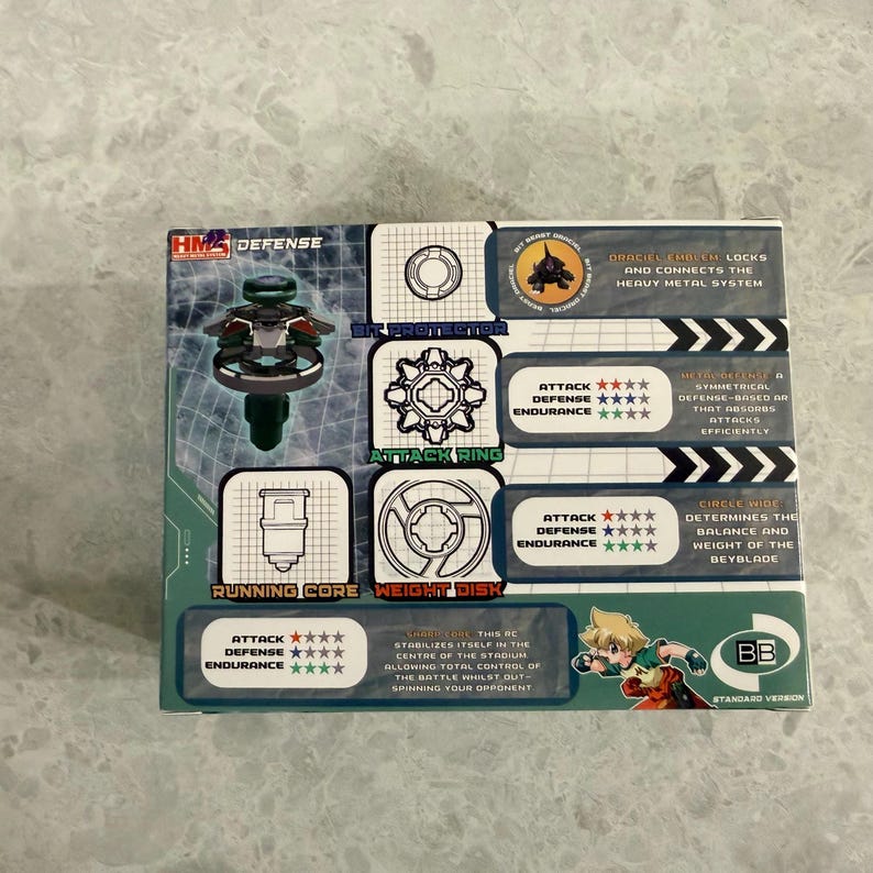 May include: A boxed toy set featuring a green and black spinning top with a detailed design. The packaging includes text and graphics highlighting the toy's features, including attack, defense, and endurance ratings. The box also has the text "HM2 DEFENSE".