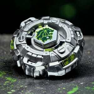 Könnte beinhalten: Ein silbernes und grünes Kreiselspielzeug mit einem Löwenemblem. Das Spielzeug hat ein mehrschichtiges Design mit sichtbaren Schrauben und grünen Akzenten. Die Mitte zeigt ein weißes Sechseck mit einer grünen Löwengrafik.