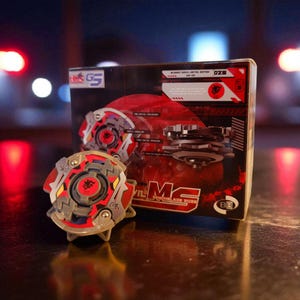 Puede incluir: Un trompo rojo, gris y amarillo con una caja a juego. El juguete tiene un diseño circular con un emblema central y está etiquetado como "Bloody Devil Metal Fight". La caja presenta ilustraciones del juguete.