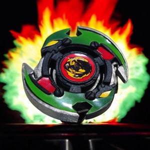May include: A green, black, and red Beyblade with a silver trim. The Beyblade has a black center with a red and yellow sticker of a dragon.