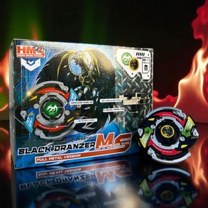 May include: A boxed Black Dranzer M5 Beyblade toy, featuring a dragon graphic and the text "Heavy Metal System". The toy is black, blue, red, and green. The box and the toy are on a reflective surface.